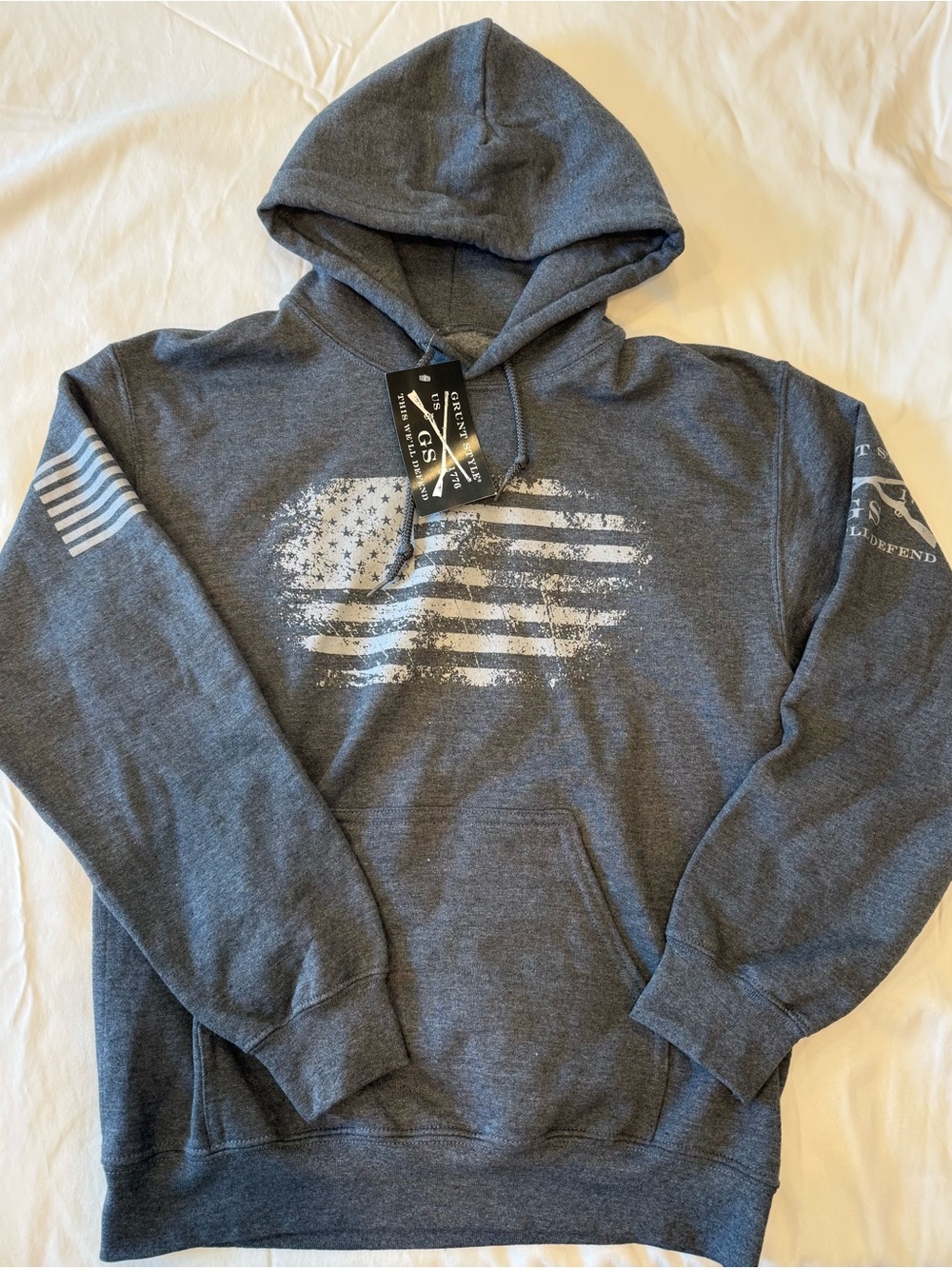 Grunt Style Charcoal Gray Hoodie with Distressed White Flag Graphic